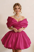 Ivory Off-the-Shoulder Bubble Hem Satin Homecoming Dresses