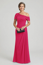 Black One-Shoulder Beaded Ruched Chiffon Mother Dresses