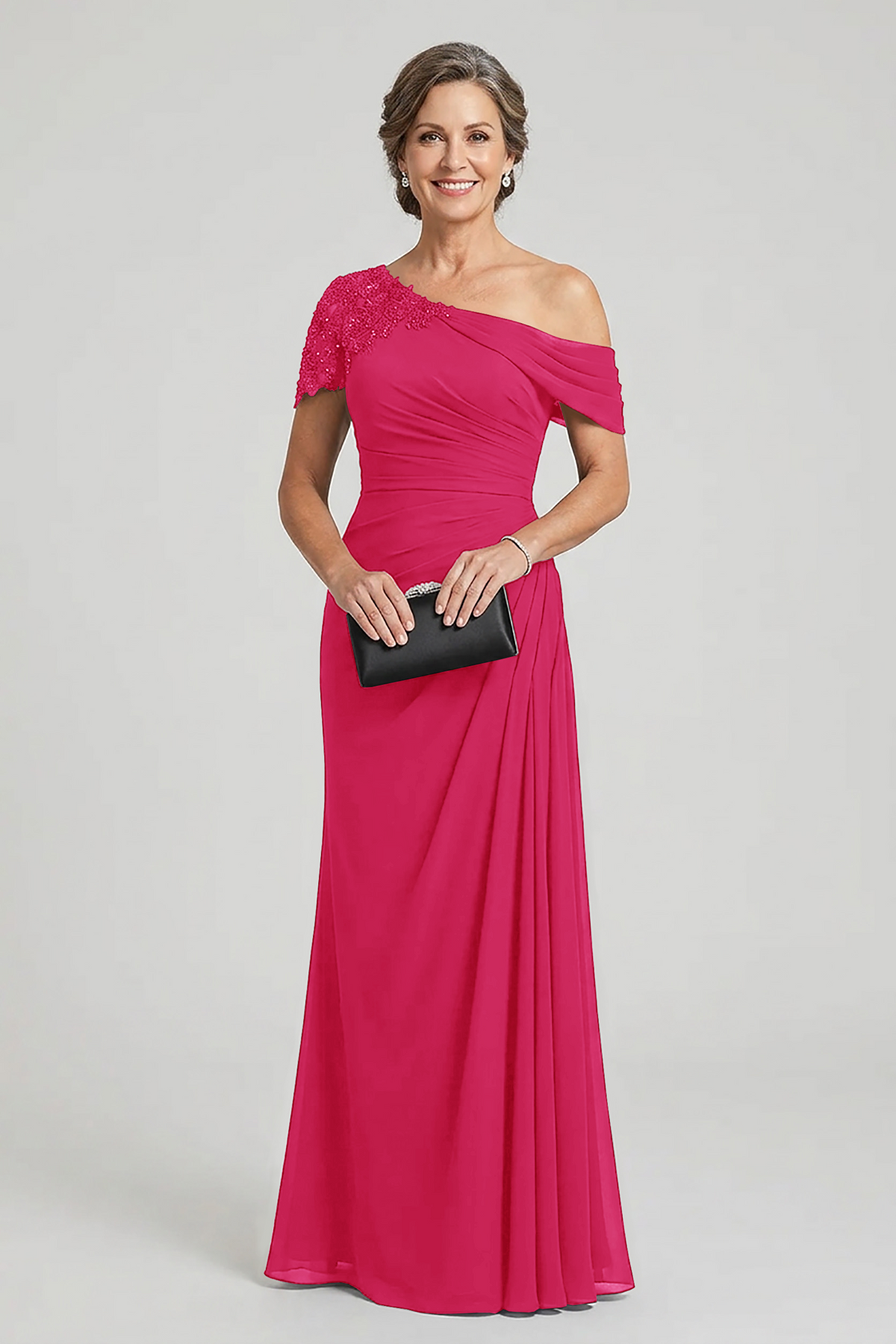 Black One-Shoulder Beaded Ruched Chiffon Mother Dresses