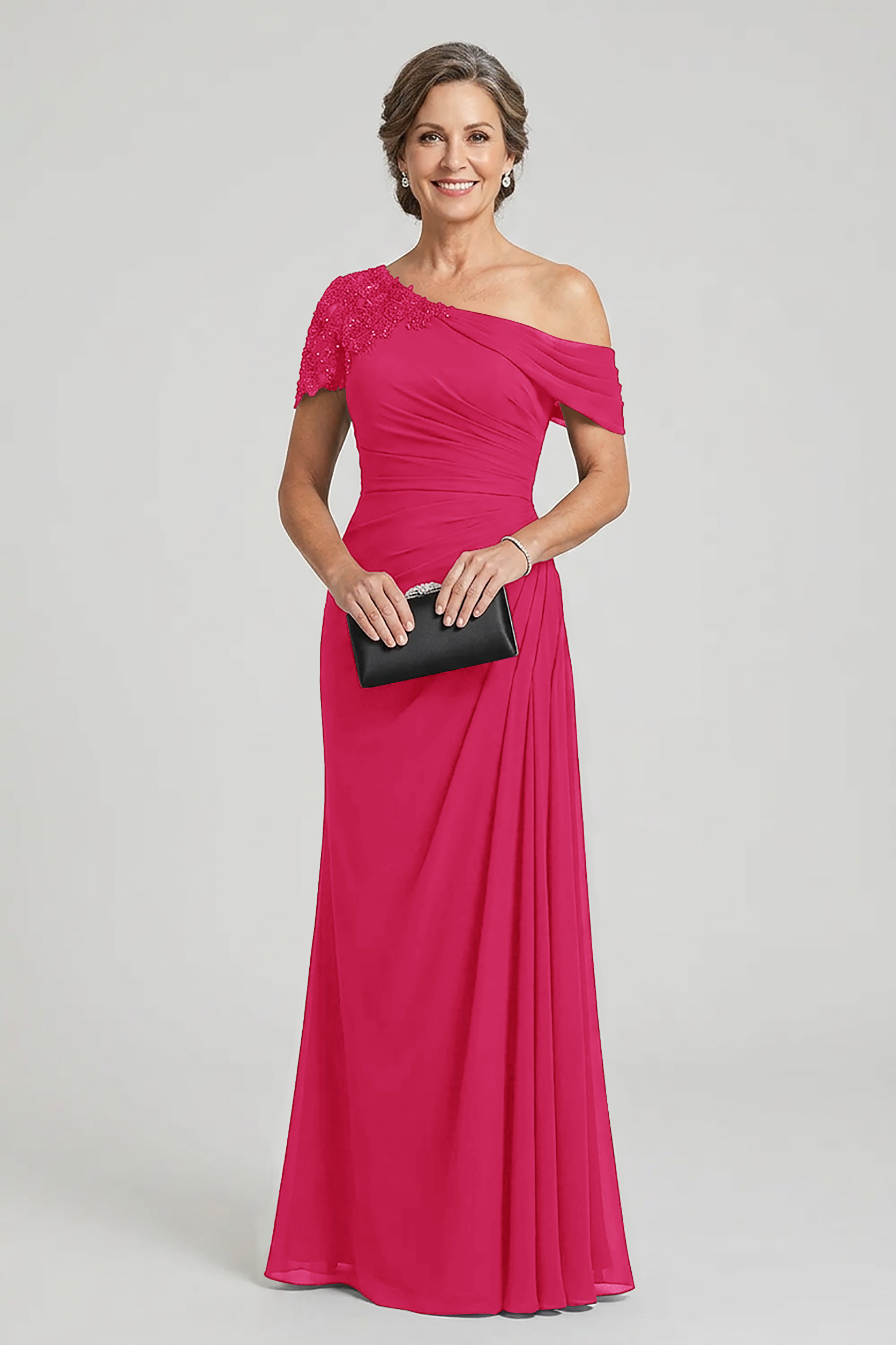 Black One-Shoulder Beaded Ruched Chiffon Mother Dresses