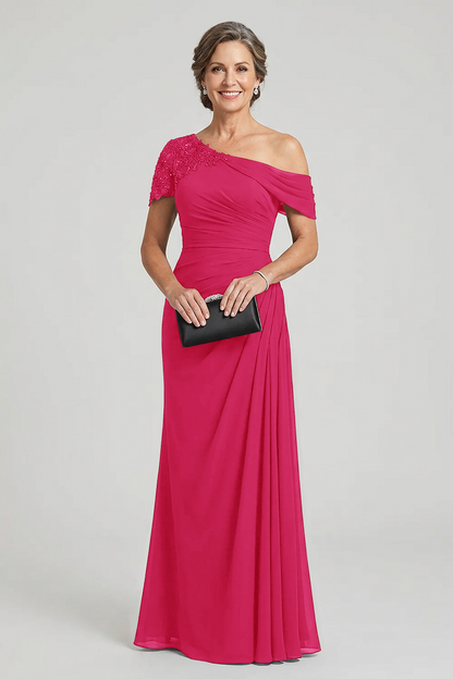 Black One-Shoulder Beaded Ruched Chiffon Mother Dresses