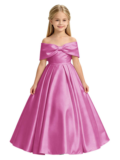 Off-the-Shoulder Satin Ball Gown Flower Girl Dress with Big Back Bow