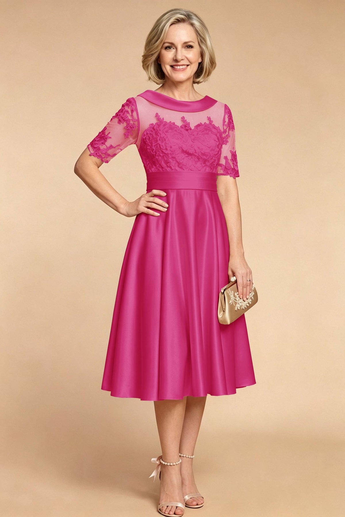 Champagne Imitation Stretch Satin Elbow Sleeve Tea-Length Mother Dresses
