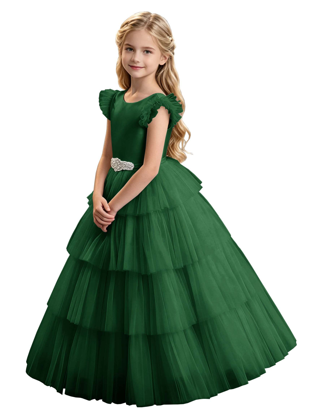 Sky Blue Tiered Tulle Flower Girl Dress with Rhinestone Belt & V-Back