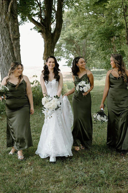 Hunter Green Cowl Neck Sheath Sleeveless Satin Bridesmaid Dresses