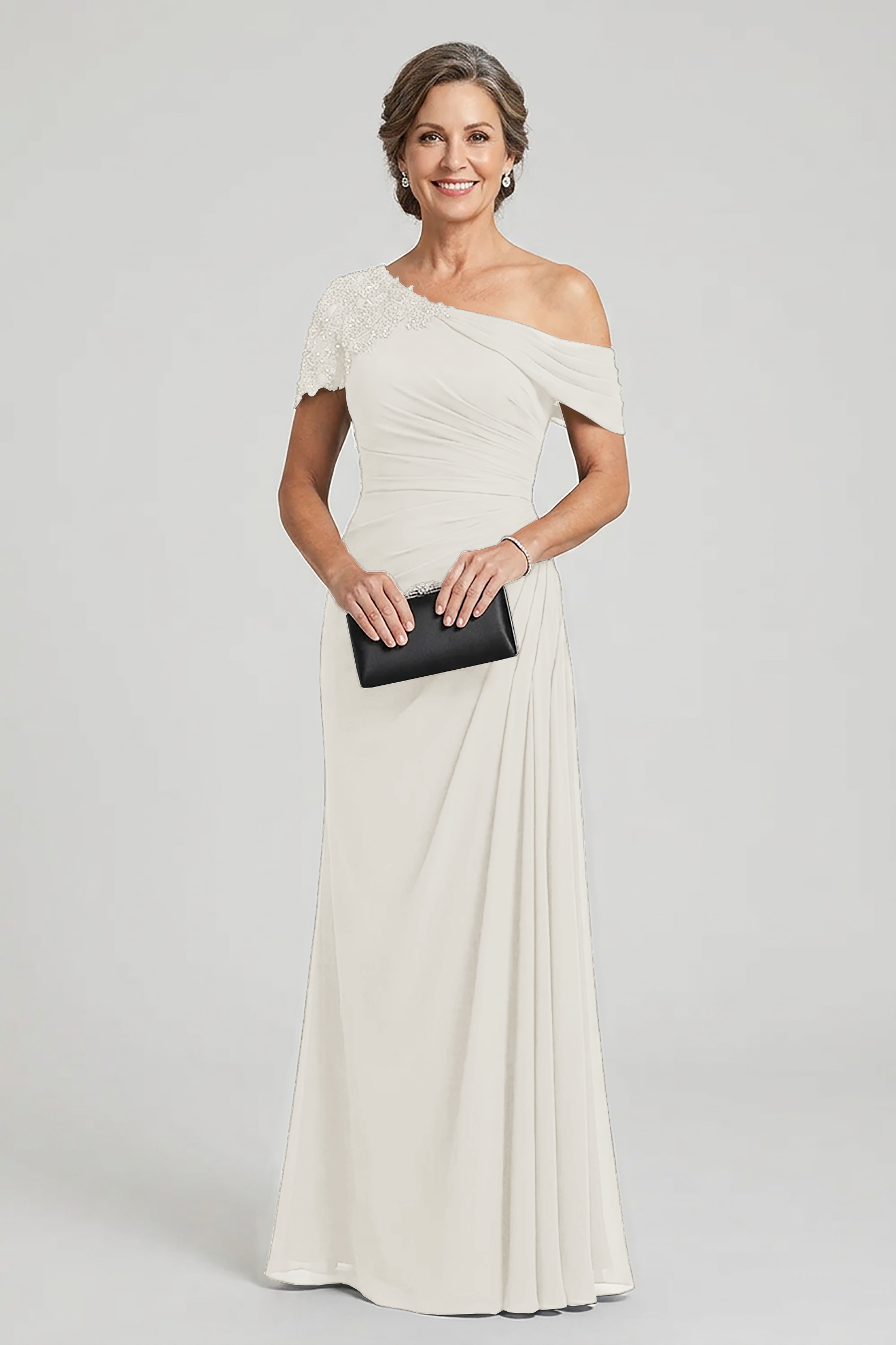 Black One-Shoulder Beaded Ruched Chiffon Mother Dresses