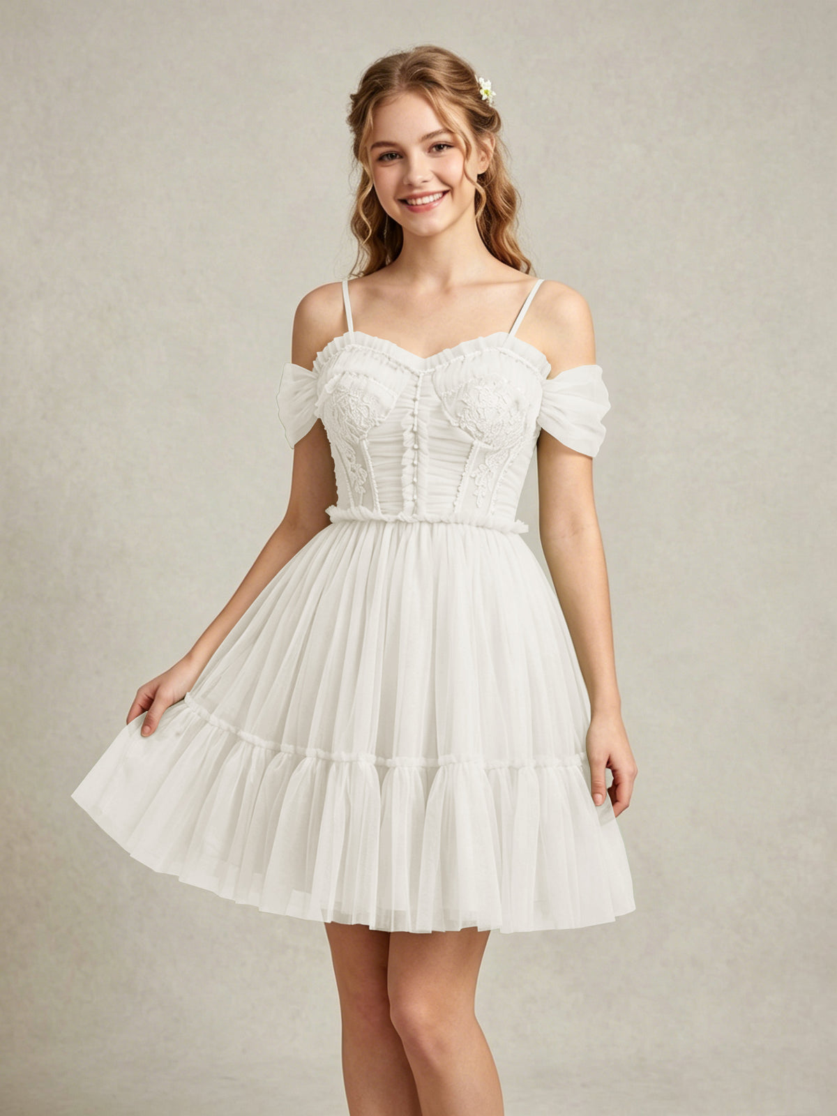 Cold Shoulder Lilac Tulle Dresses with Corset Bodice and Lace Appliques