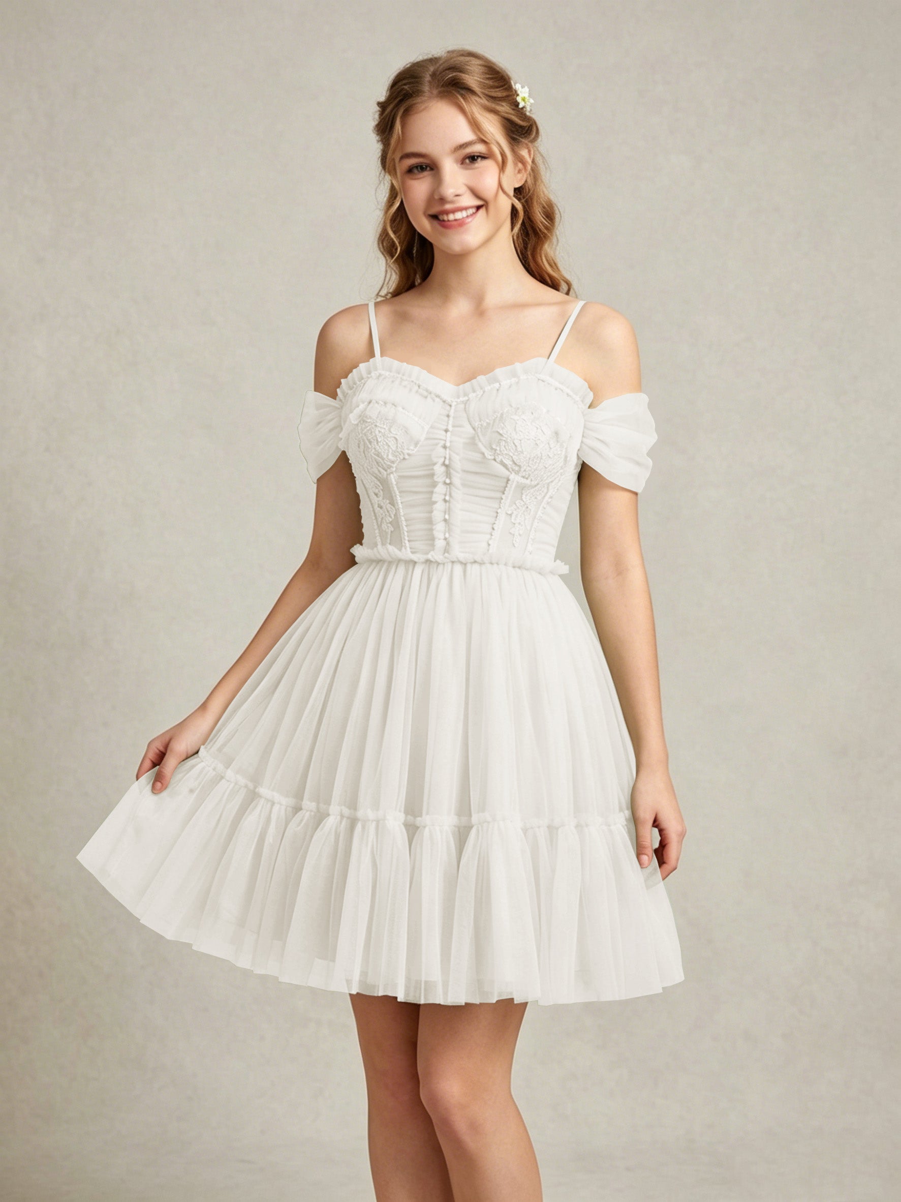 Cold Shoulder Lilac Tulle Dresses with Corset Bodice and Lace Appliques