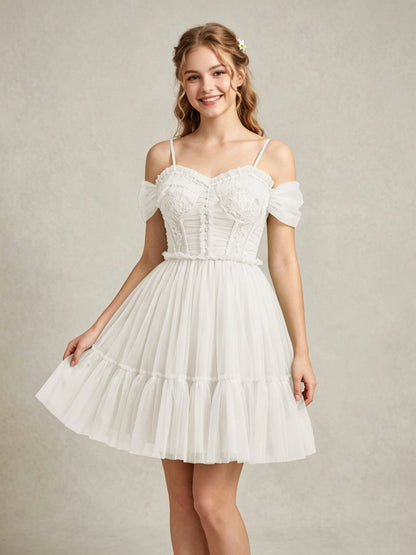Cold Shoulder Lilac Tulle Dresses with Corset Bodice and Lace Appliques