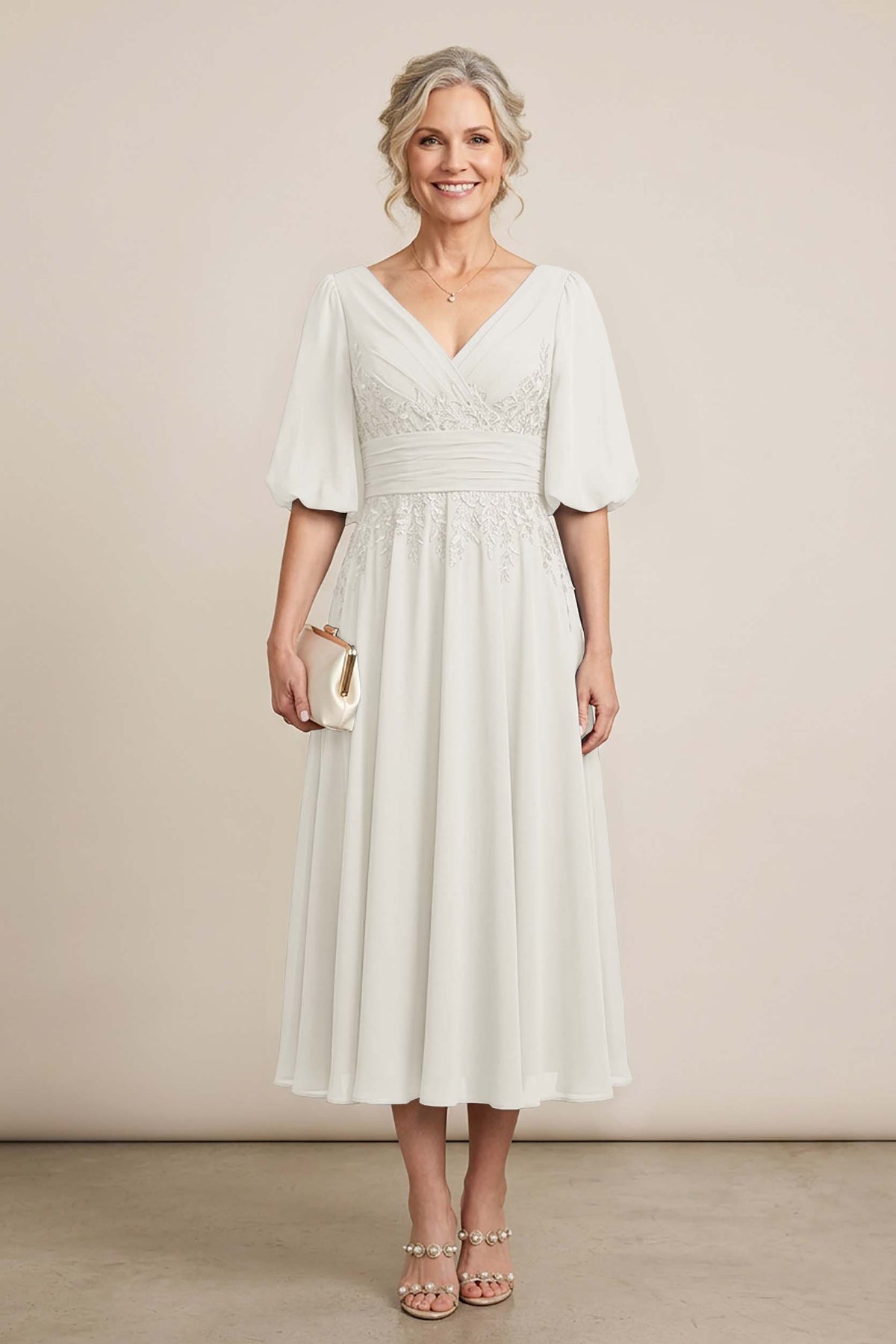 Dusty Blue V-Neck Lace Chiffon Tea-Length Mother Dresses