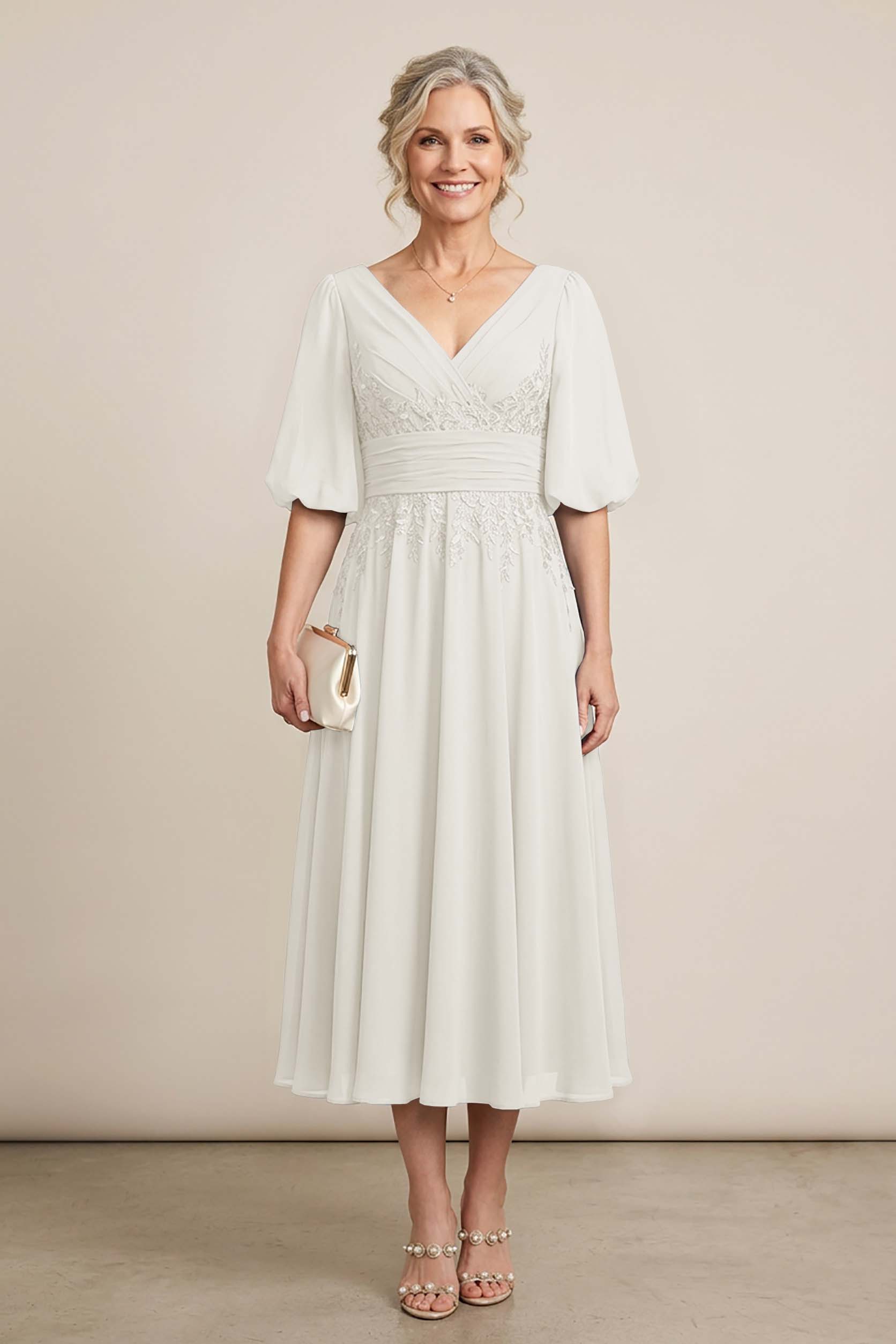 Dusty Blue V-Neck Lace Chiffon Tea-Length Mother Dresses