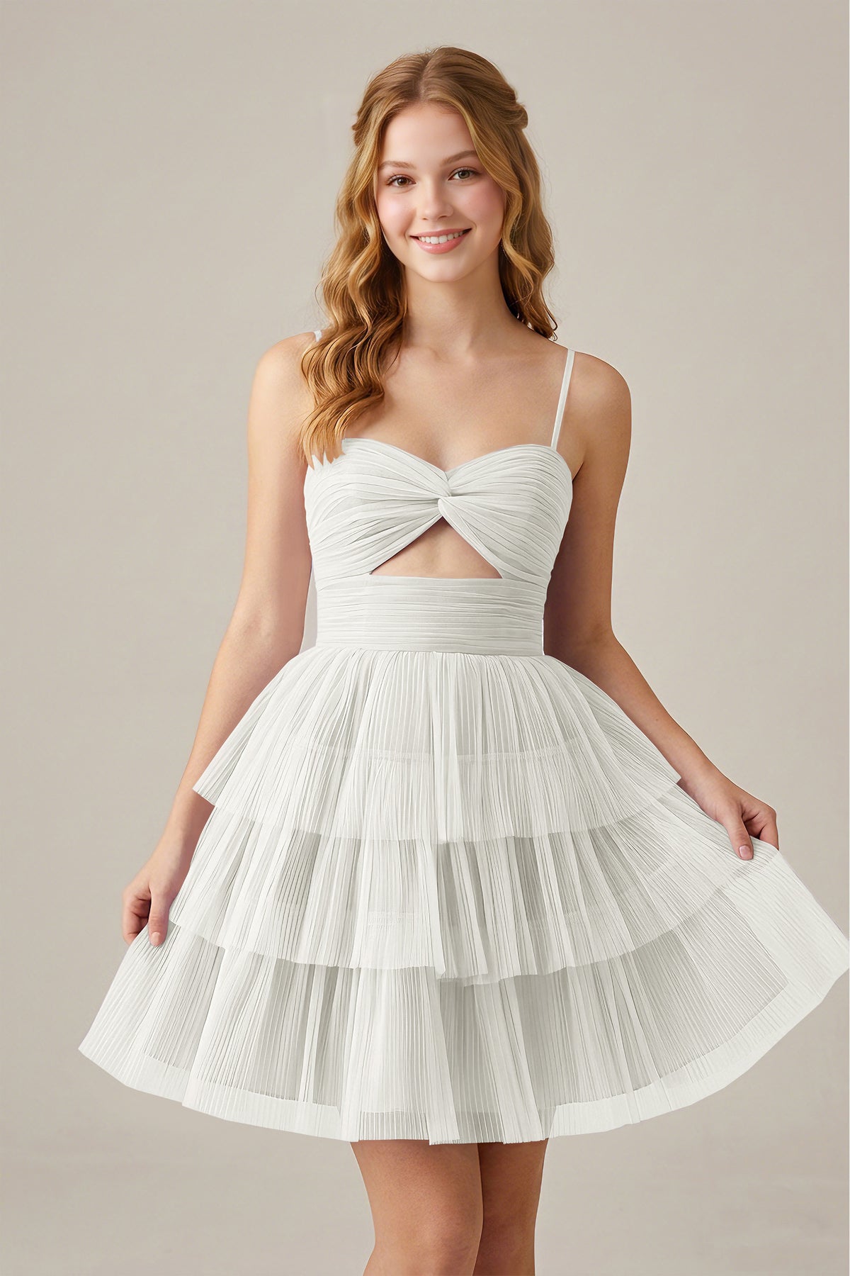 Olive Green Sleeveless Pleated Tulle Cutout Tiered Homecoming Dresses