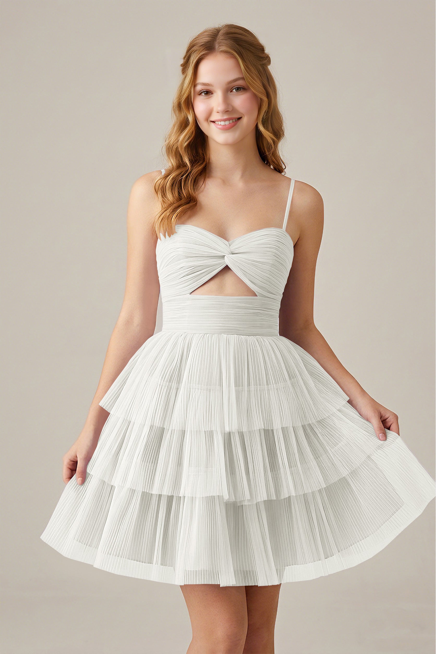 Olive Green Sleeveless Pleated Tulle Cutout Tiered Homecoming Dresses