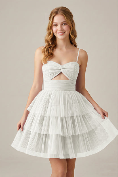 Olive Green Sleeveless Pleated Tulle Cutout Tiered Homecoming Dresses