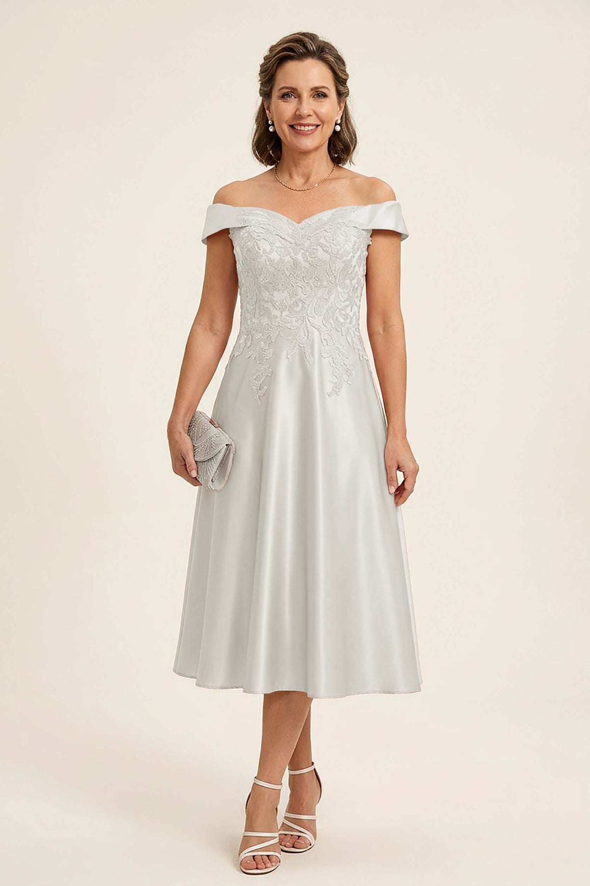 Peach Pink Off Shoulder Imitation Stretch Satin Tea-Length Mother Dresses