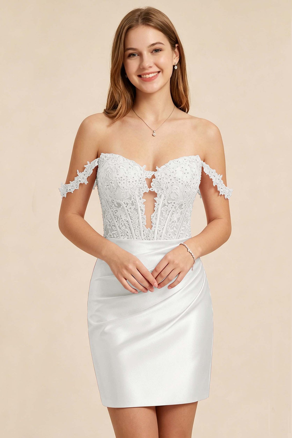 Light Pink Lace Illusion Corset Stretch Satin Mini Homecoming Dresses
