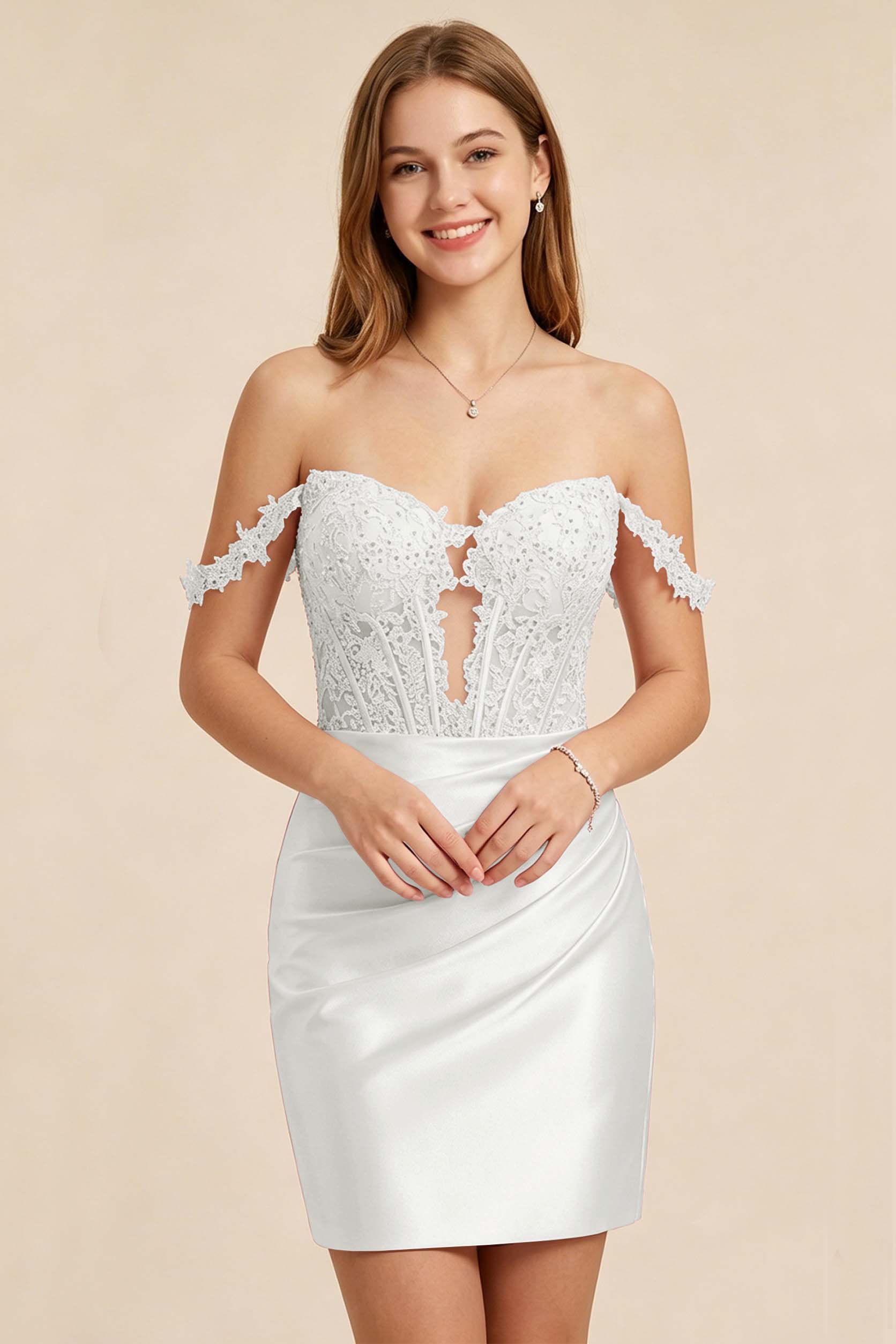 Light Pink Lace Illusion Corset Stretch Satin Mini Homecoming Dresses