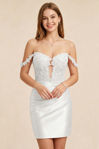Light Pink Lace Illusion Corset Stretch Satin Mini Homecoming Dresses