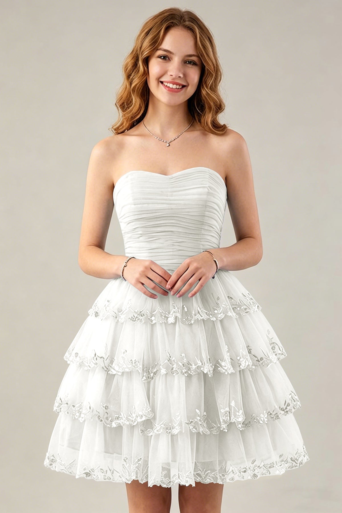 Strapless Light Blue Tulle Tiered Homecoming Dresses with Beaded Lace Trim
