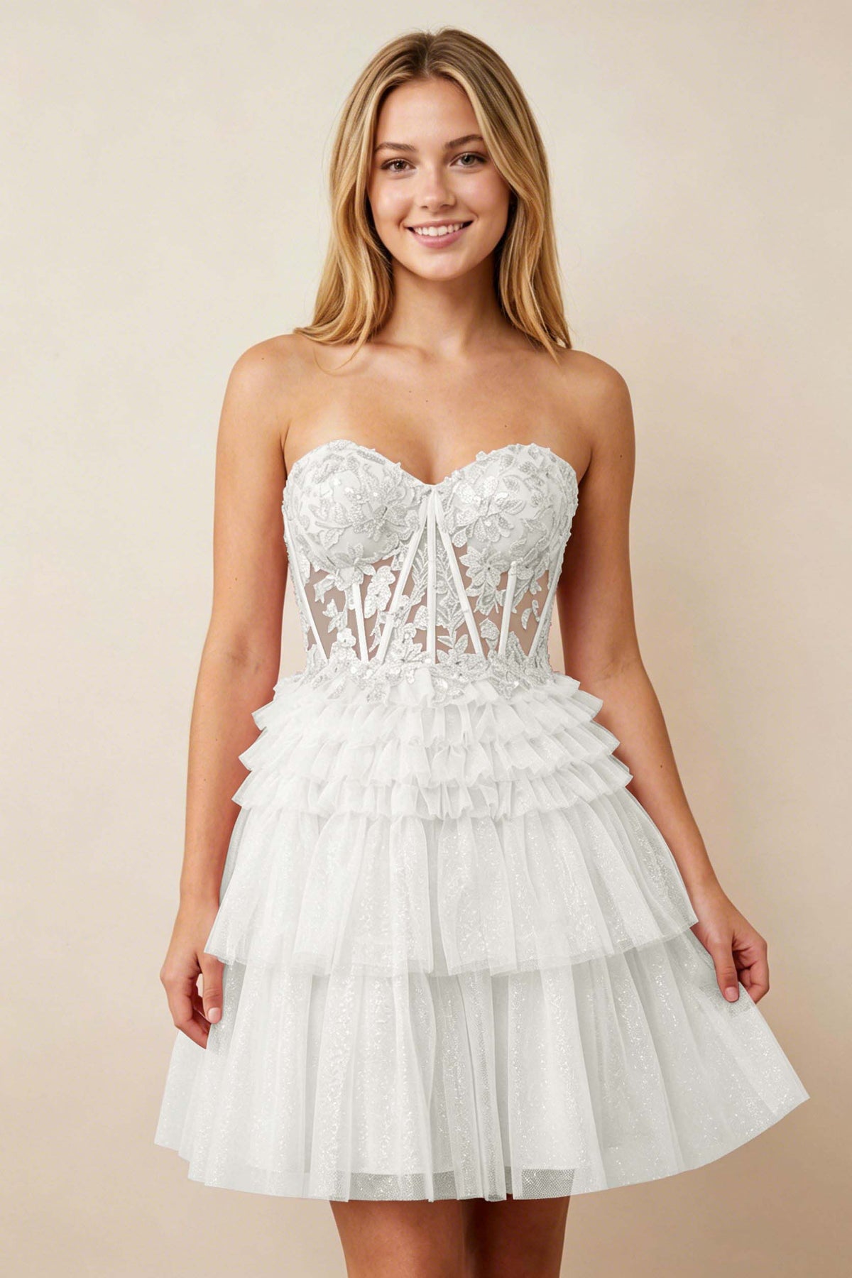 Strapless Misty Rose Lace Illusion Corset Glitter Tulle Homecoming Dresses