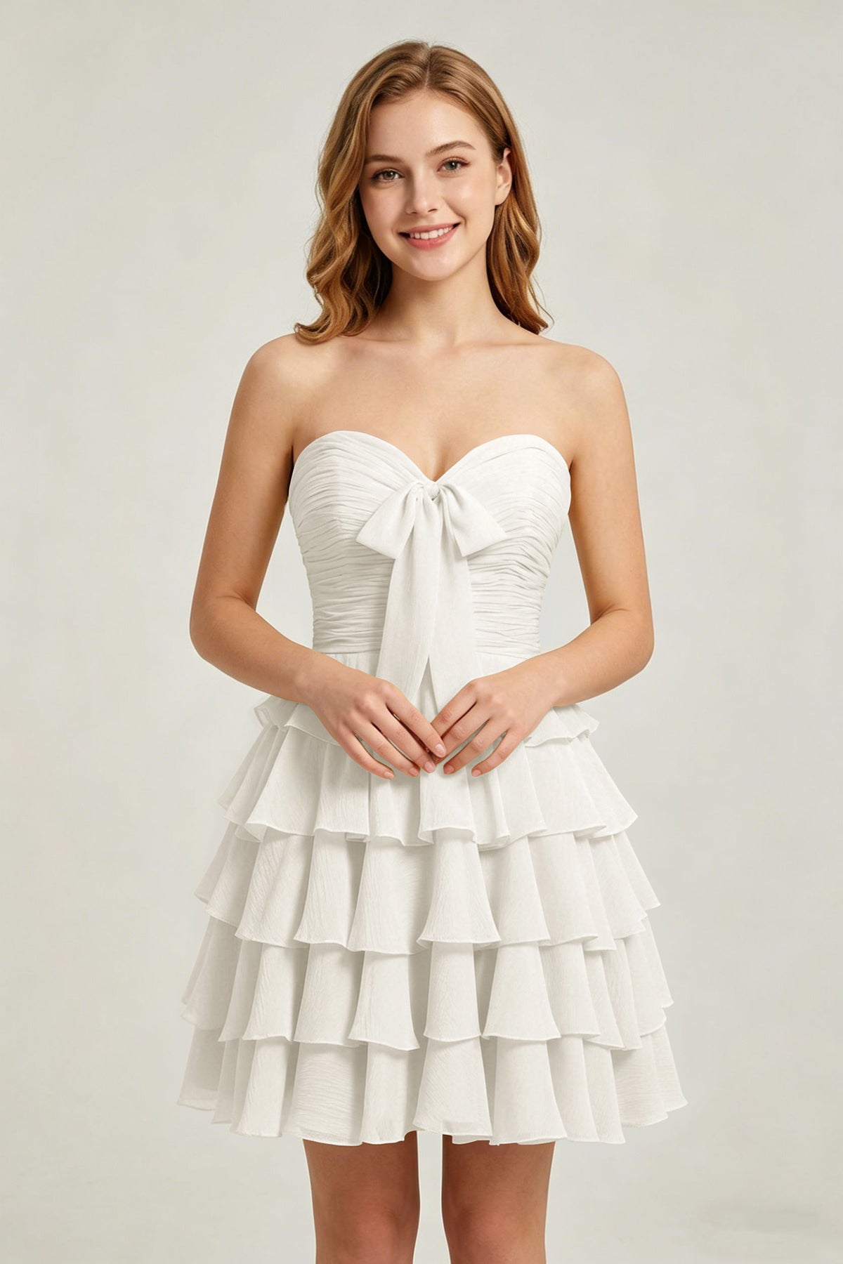 Strapless Yellow Chiffon Tiered Short Homecoming Dresses with Bow