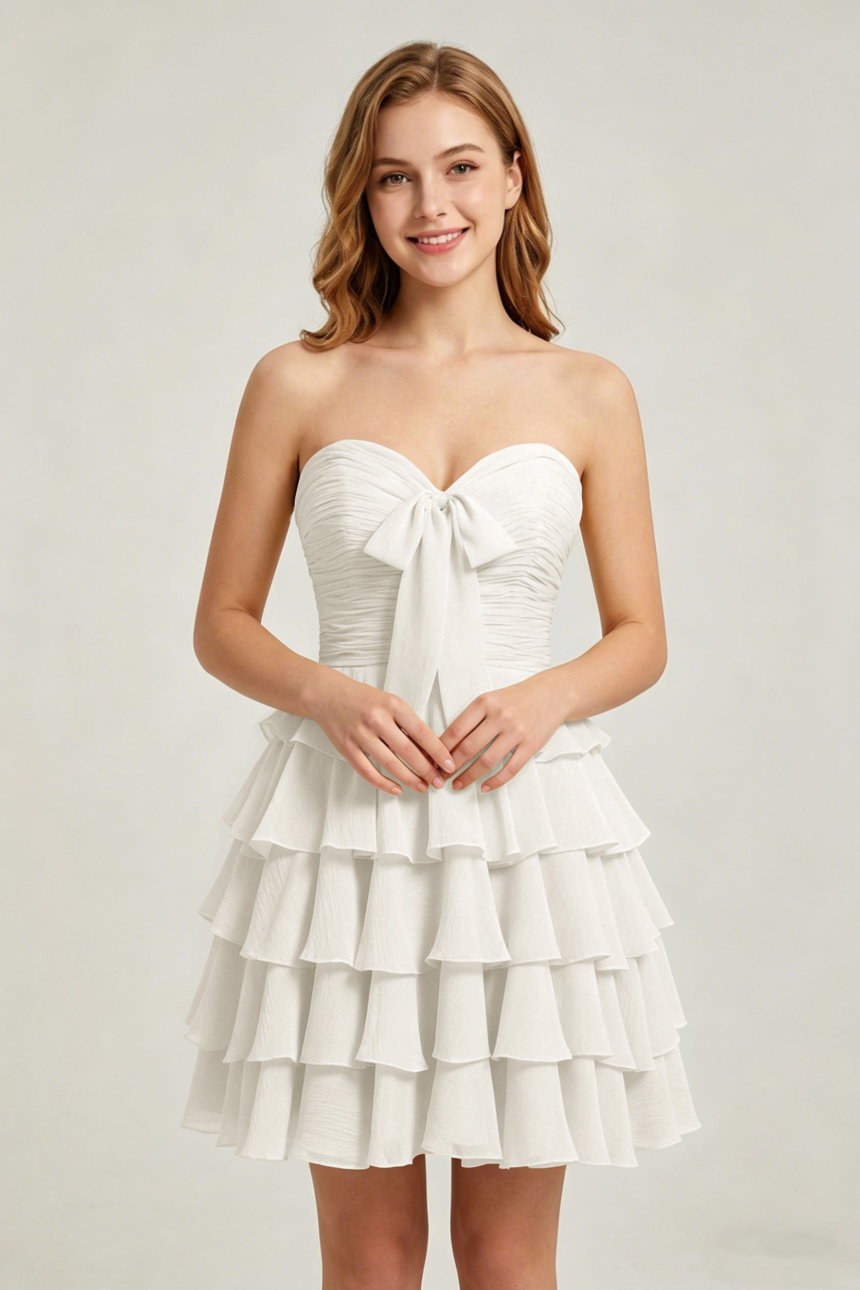 Strapless Yellow Chiffon Tiered Short Homecoming Dresses with Bow