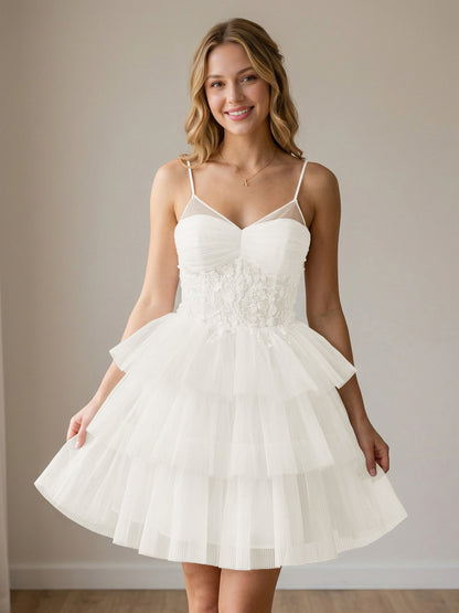 White Corset Tulle Short Homecoming Dresses With Tiered Ruffle