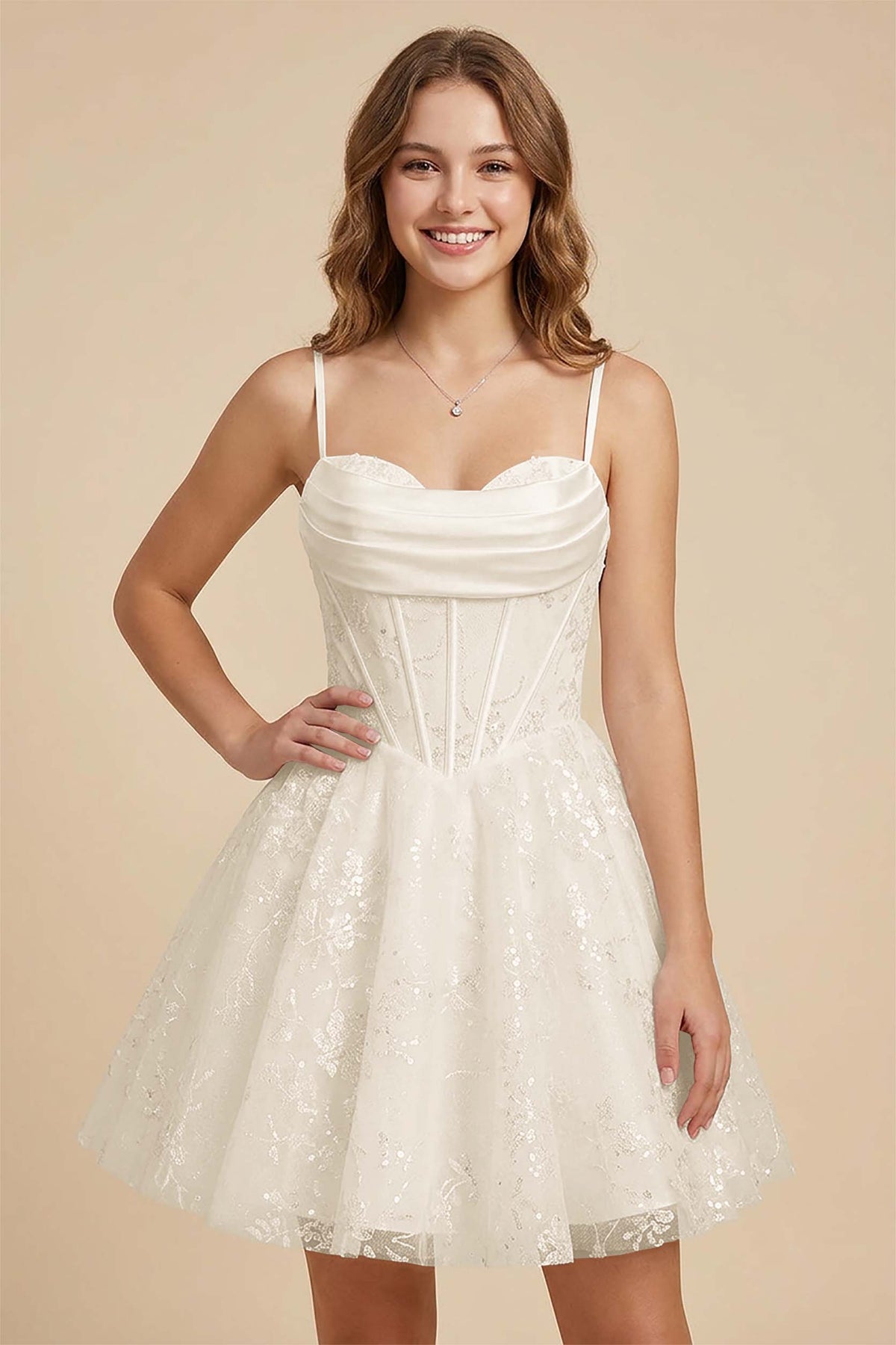 White Cowl Neck Sequin Satin Corset Homecoming Dresses