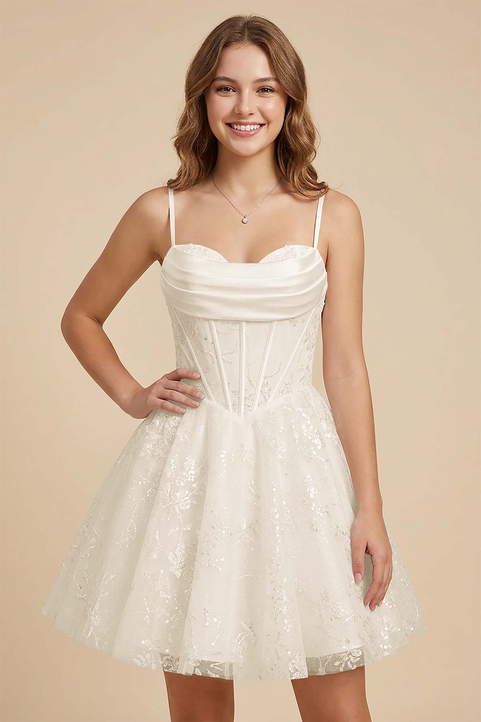 White Cowl Neck Sequin Satin Corset Homecoming Dresses