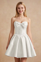 White Strapless Satin Corset Short Homecoming Dresses with Bow