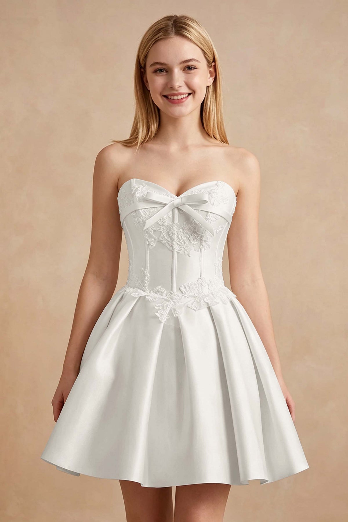 White Strapless Satin Corset Short Homecoming Dresses with Bow