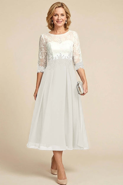 Navy Blue 3/4 Sleeve Two-Tone Lace Chiffon Mother Dresses