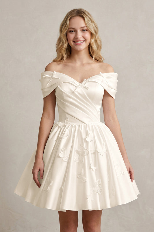 A Line Off Shoulder Ivory Satin Short Homecoming Dresses