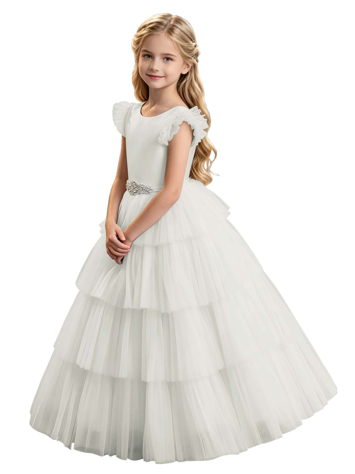 Sky Blue Tiered Tulle Flower Girl Dress with Rhinestone Belt & V-Back