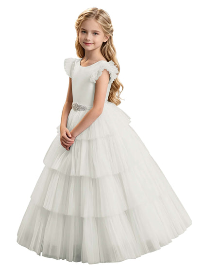 Sky Blue Tiered Tulle Flower Girl Dress with Rhinestone Belt & V-Back