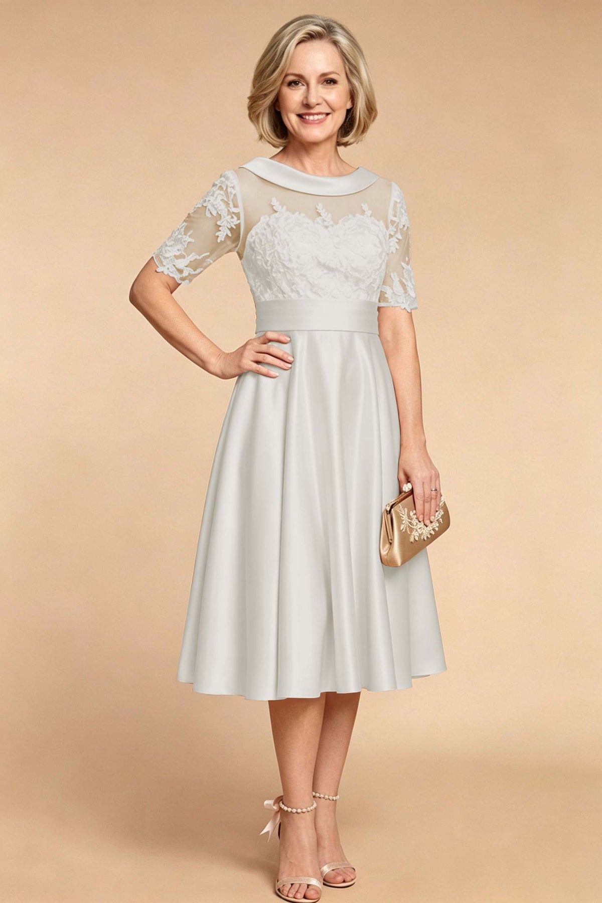 Champagne Imitation Stretch Satin Elbow Sleeve Tea-Length Mother Dresses