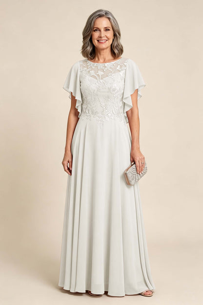 Lilac Scoop Neck Flutter Sleeve Lace Appliques Chiffon Mother Dresses