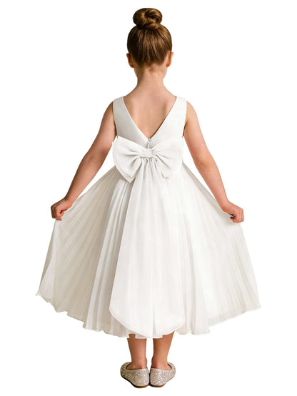 Elegant A-Line Pleated Chiffon Flower Girl Dress with Big Bow Sash