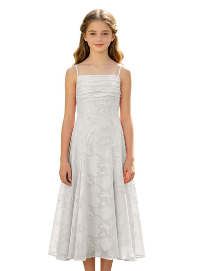 Elegant Pink Floral Jacquard A-Line Flower Girl Dress with Spaghetti Straps