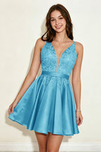 Lavender Spaghetti Straps Stretch Satin Homecoming Dresses with Appliques