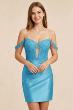 Light Pink Lace Illusion Corset Stretch Satin Mini Homecoming Dresses
