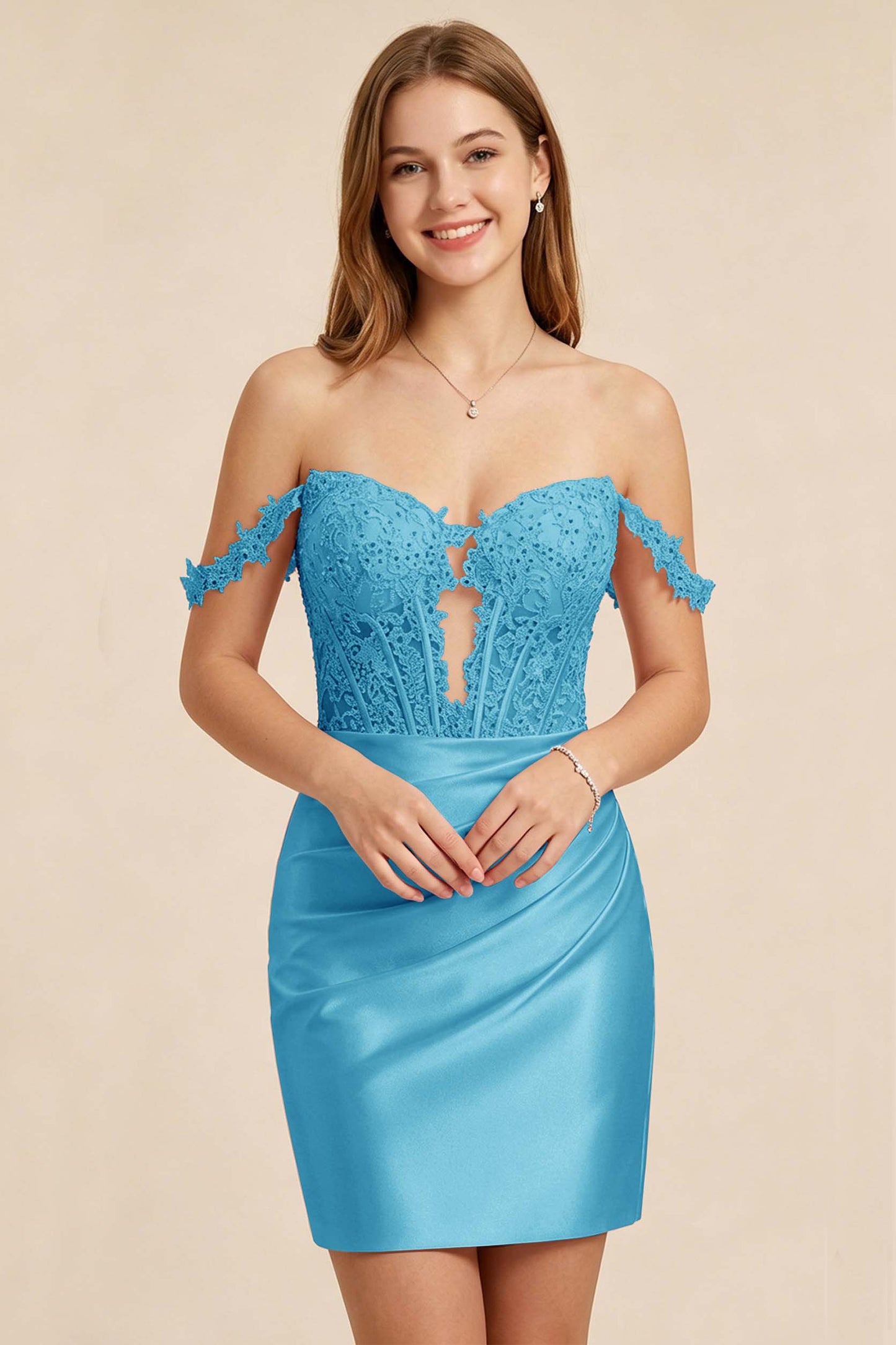 Light Pink Lace Illusion Corset Stretch Satin Mini Homecoming Dresses