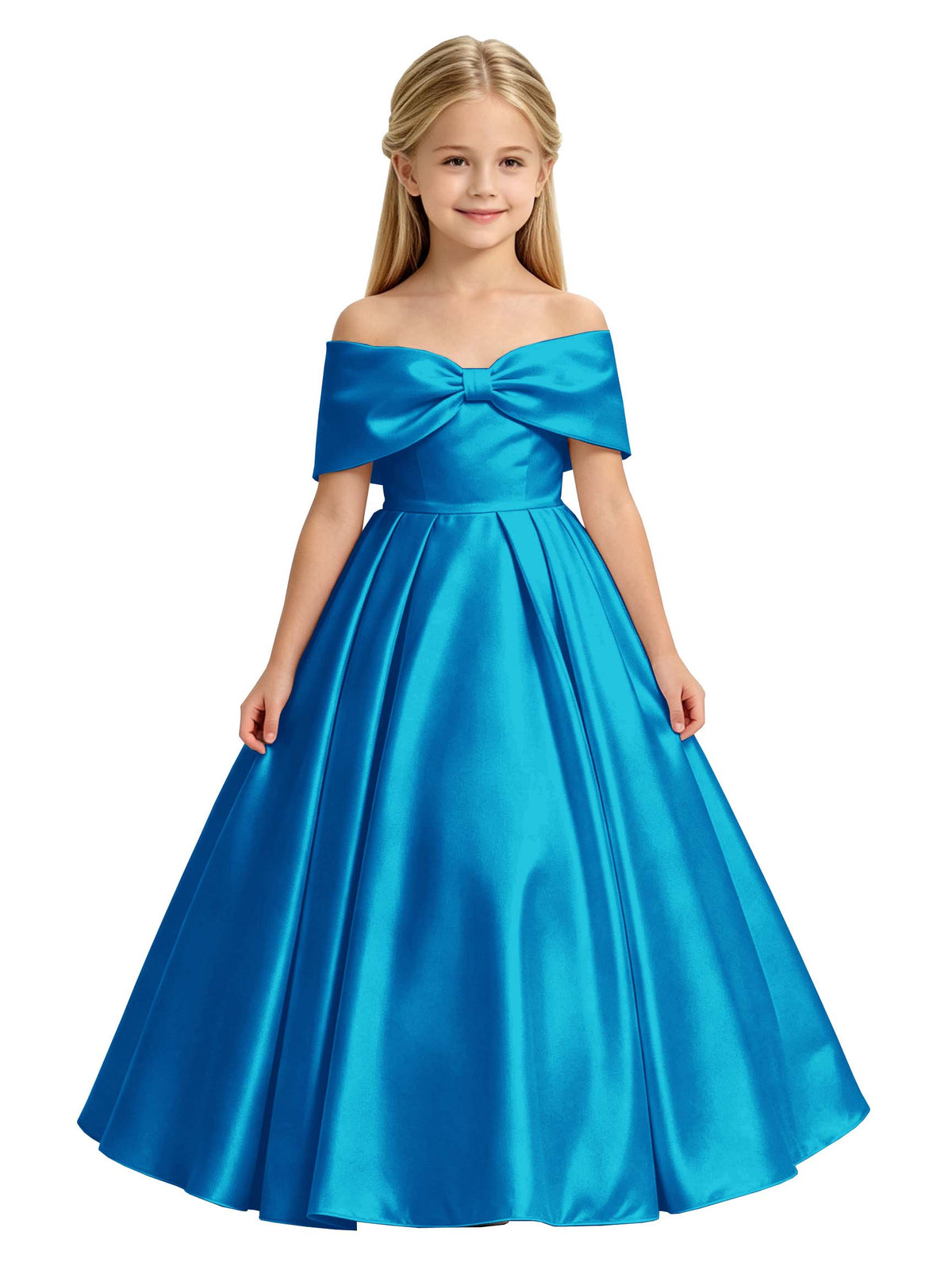 Off-the-Shoulder Satin Ball Gown Flower Girl Dress with Big Back Bow