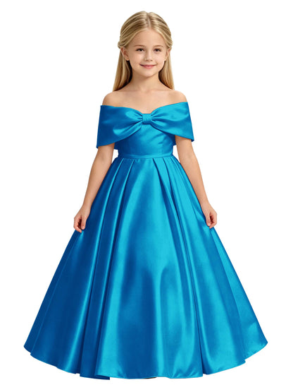 Off-the-Shoulder Satin Ball Gown Flower Girl Dress with Big Back Bow