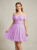 Cold Shoulder Lilac Tulle Dresses with Corset Bodice and Lace Appliques
