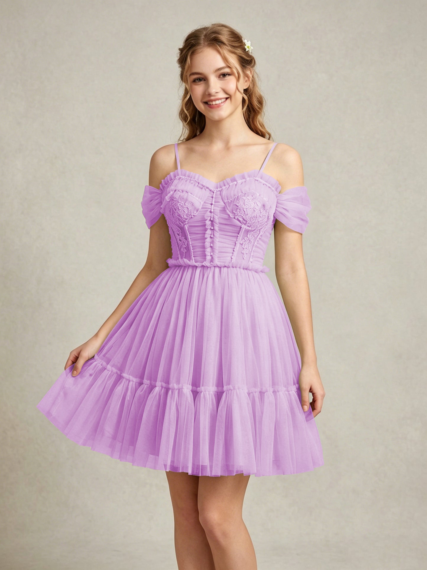 Cold Shoulder Lilac Tulle Dresses with Corset Bodice and Lace Appliques