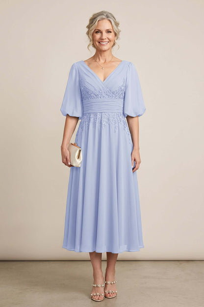 Dusty Blue V-Neck Lace Chiffon Tea-Length Mother Dresses