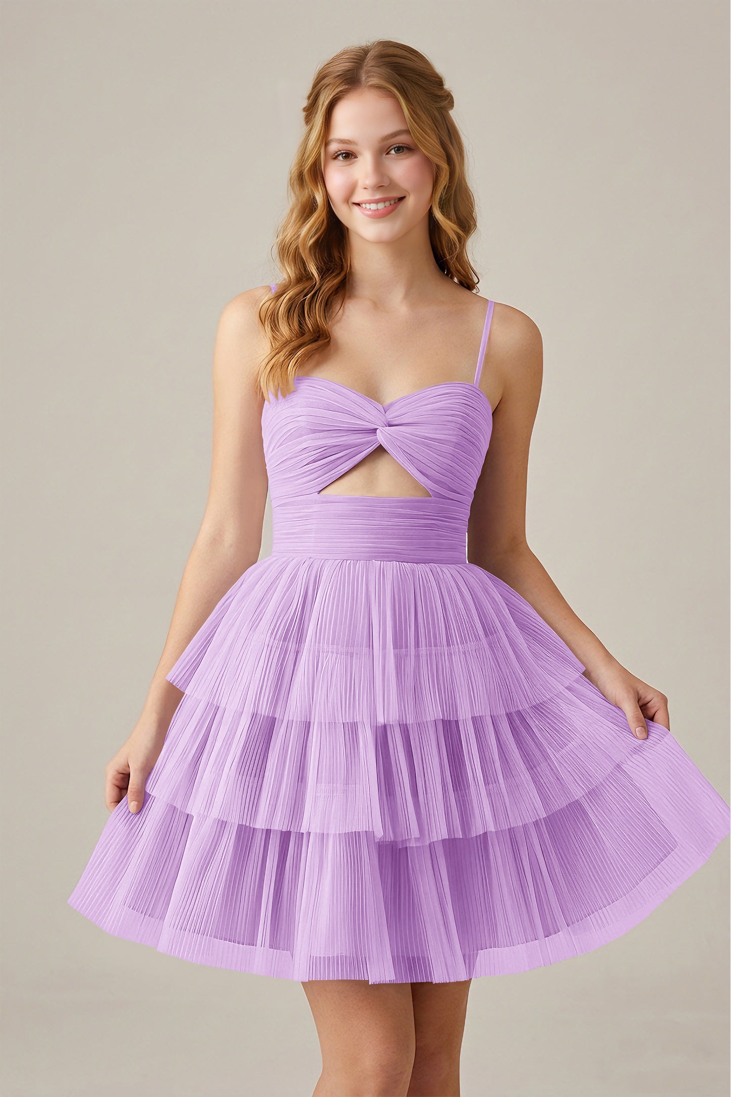 Olive Green Sleeveless Pleated Tulle Cutout Tiered Homecoming Dresses