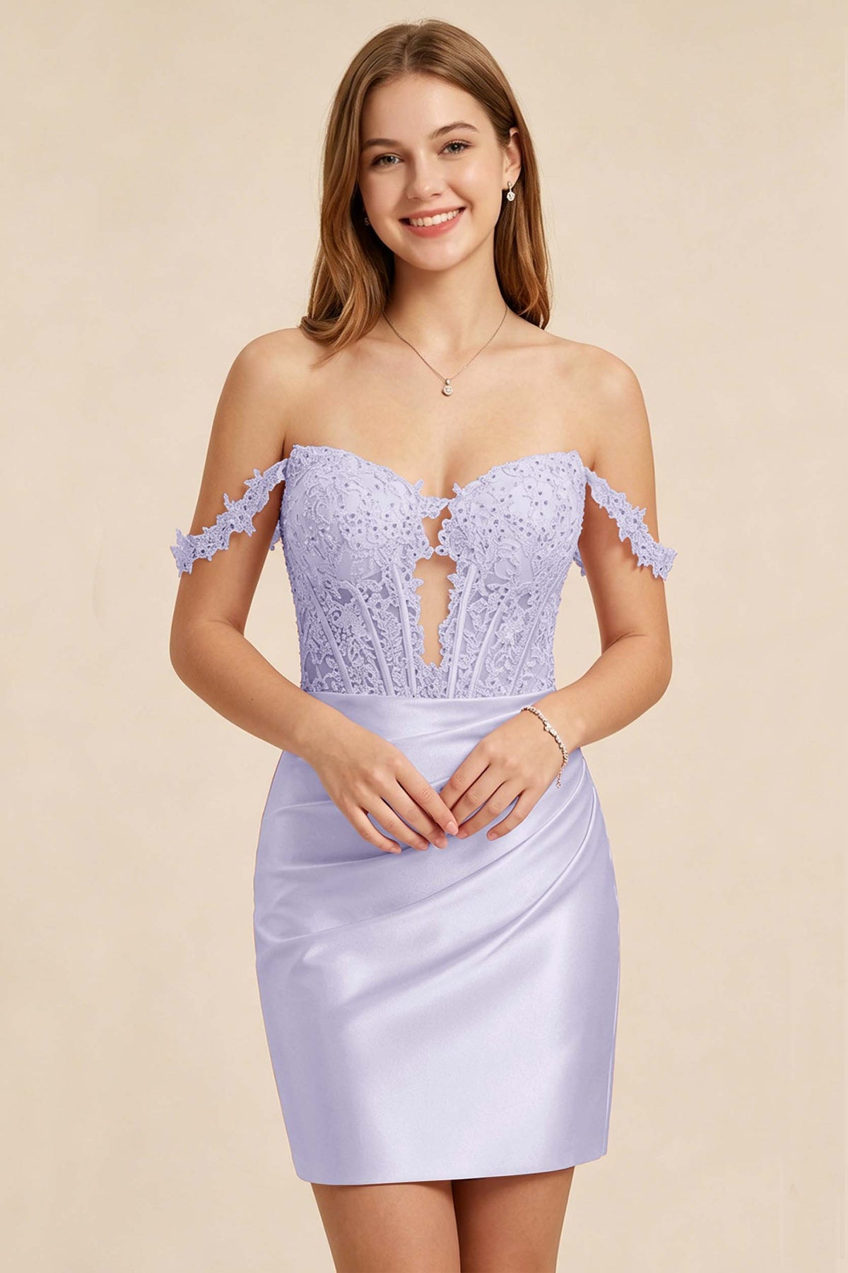 Light Pink Lace Illusion Corset Stretch Satin Mini Homecoming Dresses