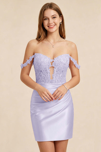 Light Pink Lace Illusion Corset Stretch Satin Mini Homecoming Dresses